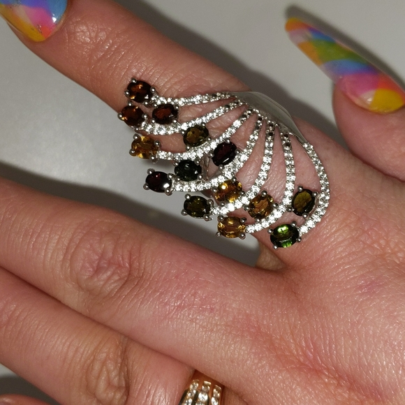 Multi-colored Tourmaline Gemstone Fan Design Ring Sterling Silver - Picture 9 of 14